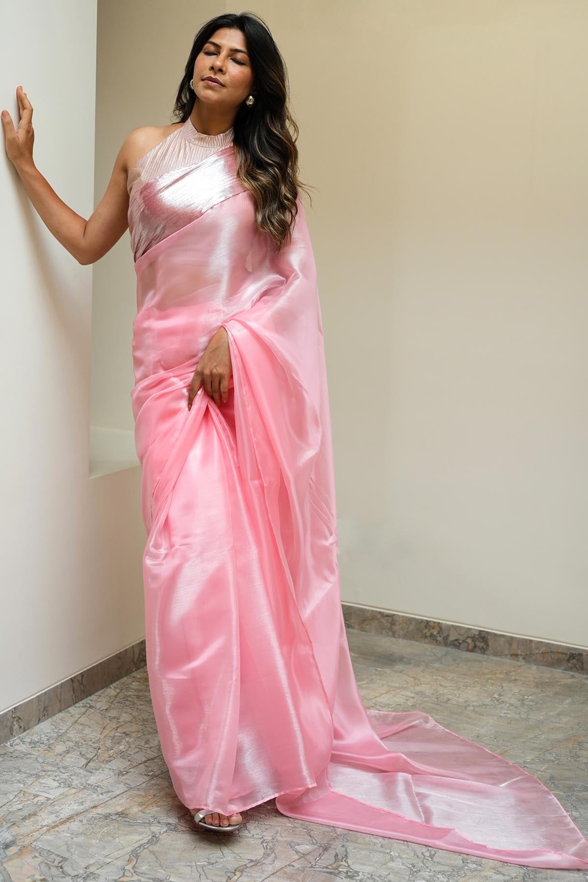 Buy Pleated Gloss Edge Drape Saree For Women's available at ScrollnShops